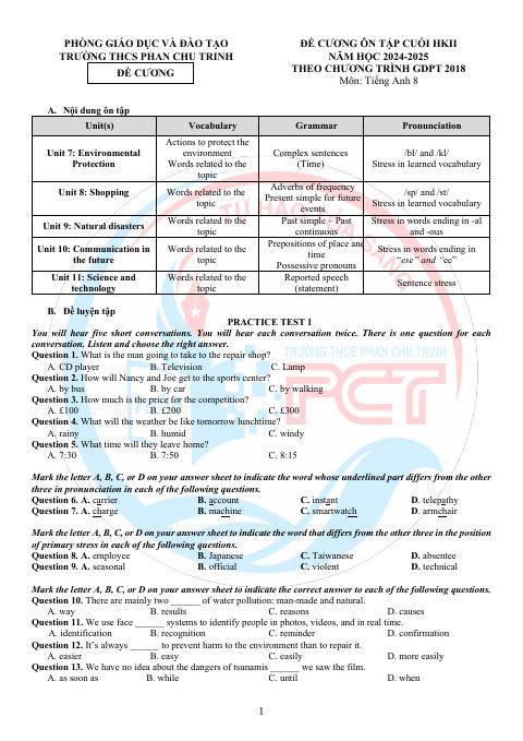 Đề cương ôn tập Học kì 2 Tiếng Anh 8 năm 2024–2025 trường THCS Phan Chu Trinh (Hà Nội)